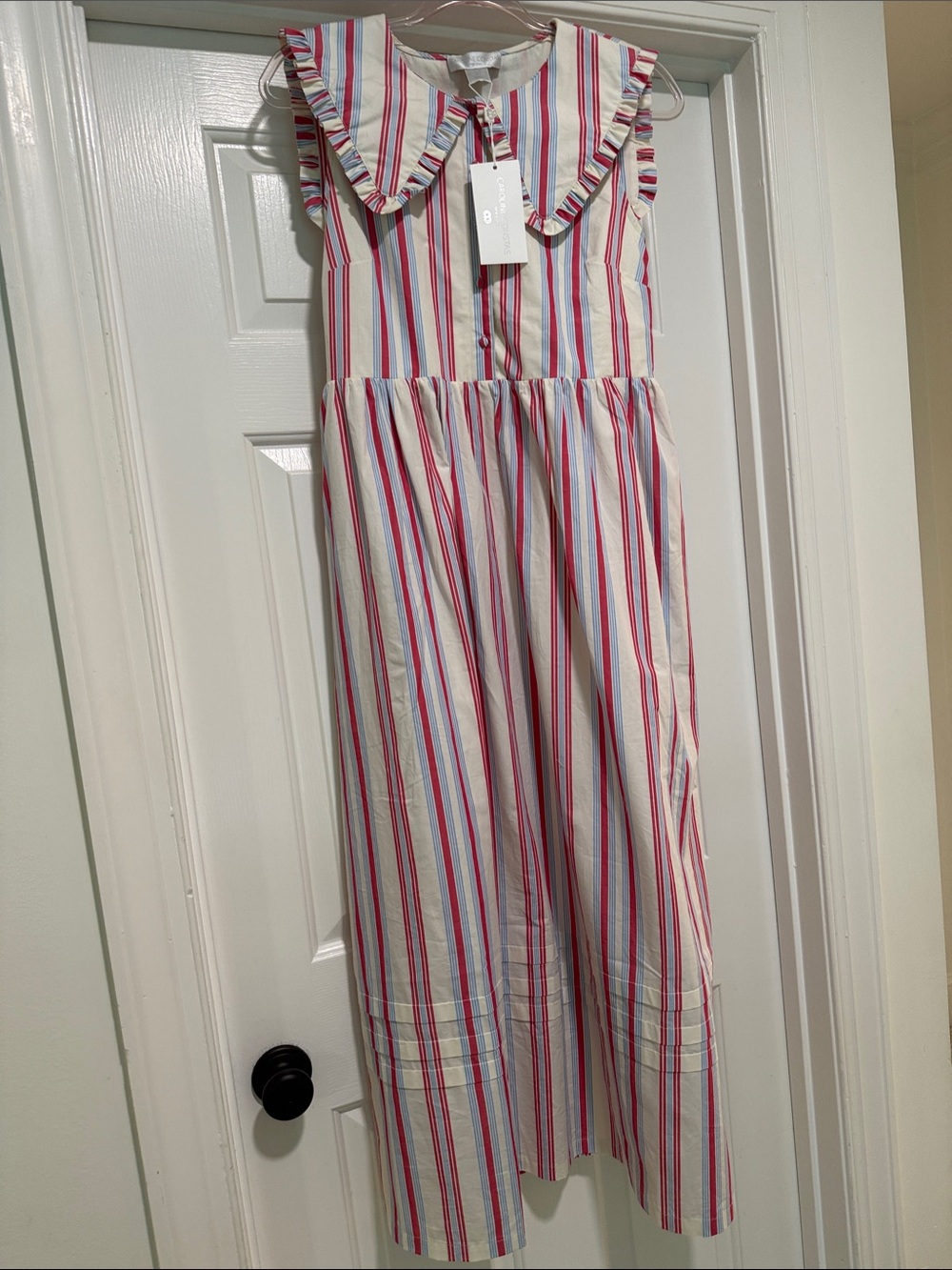 Caroline Constas Red, Blue & Cream Striped Ruffle Collar Dress